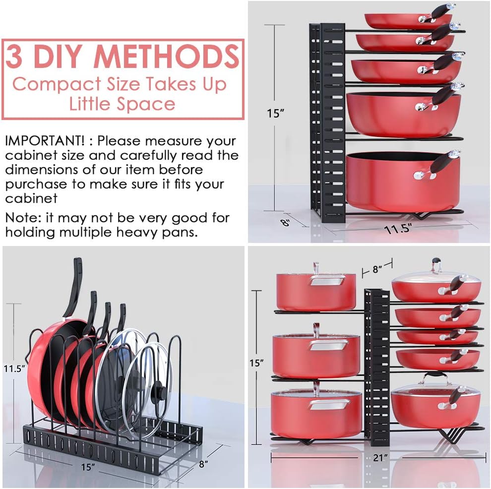 Pan Organizer Rack for Cabinet, Pot Rack with 3 DIY Methods, Adjustable Pot and Pan Organizer with 8 Tiers, Large & Small Pot Organizer Rack for Cabinet Kitchen [Upgrade Version]: Home Improvement