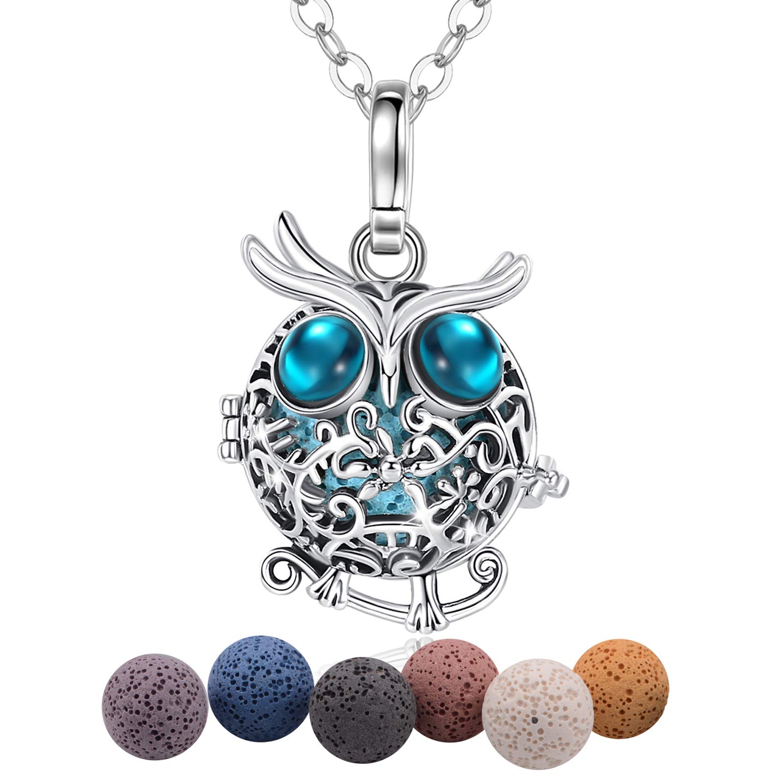 Eudora Aromatherapy Essential Oils Diffuser Necklace for Women Girls, Silver Plated Wise Owl Locket Pendant with 24 inches Chain & 7 PCS Lava Beads
