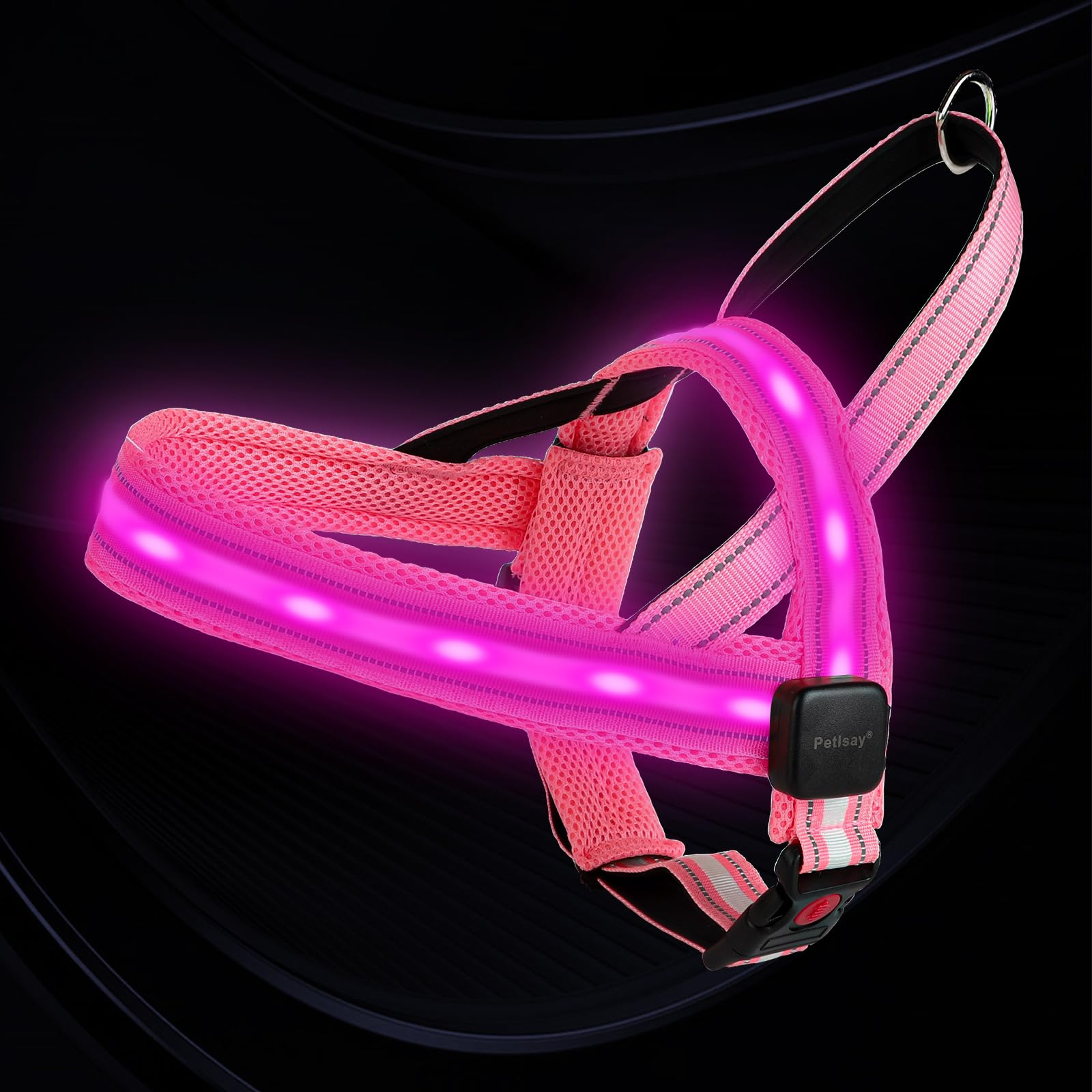 Photo 1 of PetIsay LED Light Up Dog Harness - USB-C Rechargeable, IPX7 Waterproof, Reflective, No Pull Dog Vest with Soft Padded Handle for Night Walking(Pink, S)