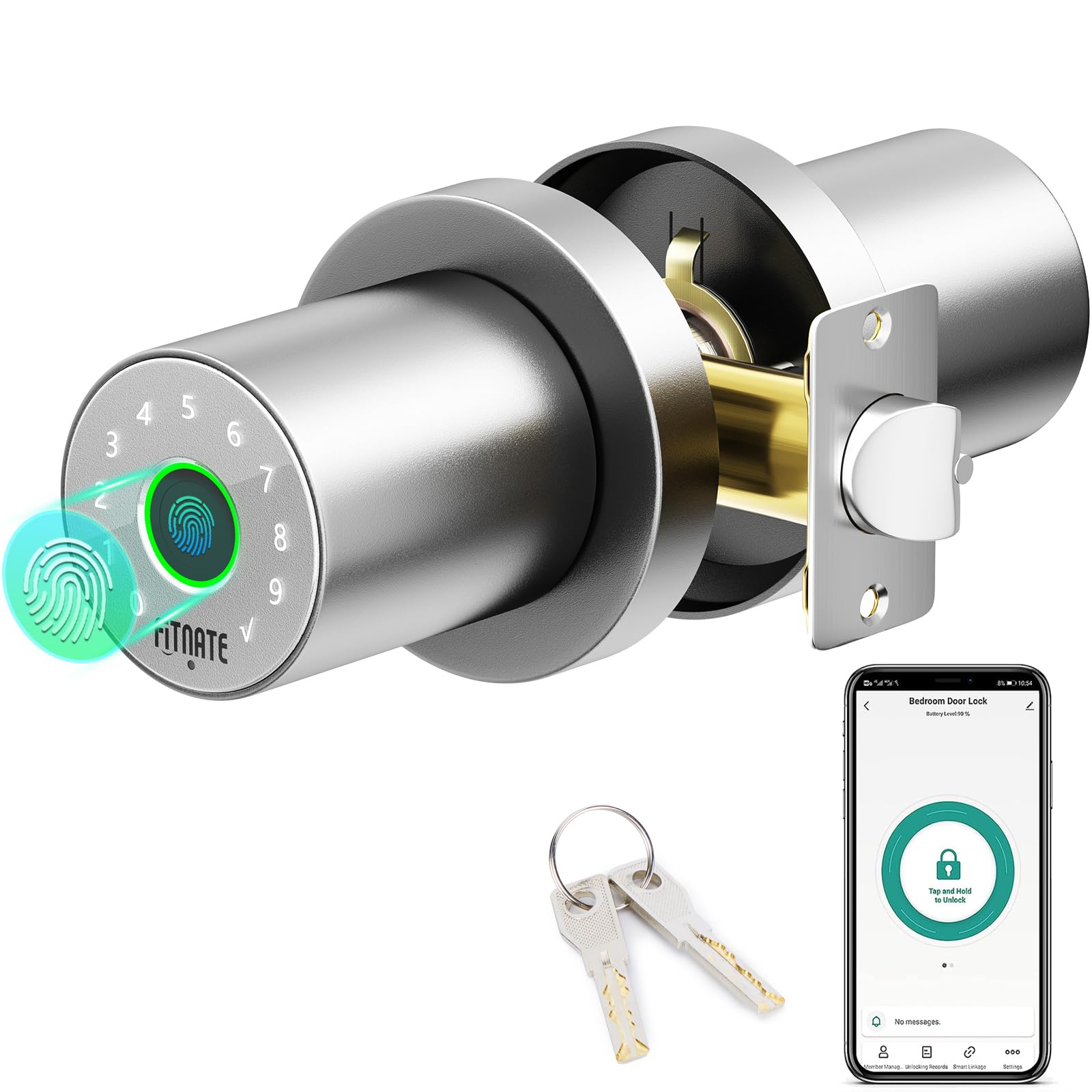FITNATE Biometric Door Knob with Keypad, 4-in-1 Smart Door Lock(Fingerprint/App/Code/Key), Auto Locking, Easy Installation for Bedroom, Apartment, Hotel, Office (Silver)