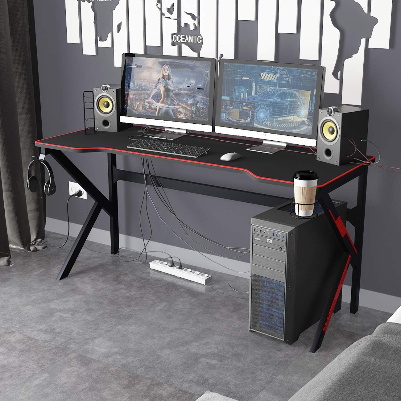 DlandHome 63 inches Gaming Desk w/All Covered Mouse Pad/USB Charge Rack/Headphone Holder/Cup Holder Multifunction Computer Desk/Gaming Table, LJ-1909