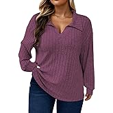 ROSRISS Plus Size Tops for Women Casual Knit Sweaters Going Out Lapel V Neck T-Shirts Lightweight Long Sleeve Blouses
