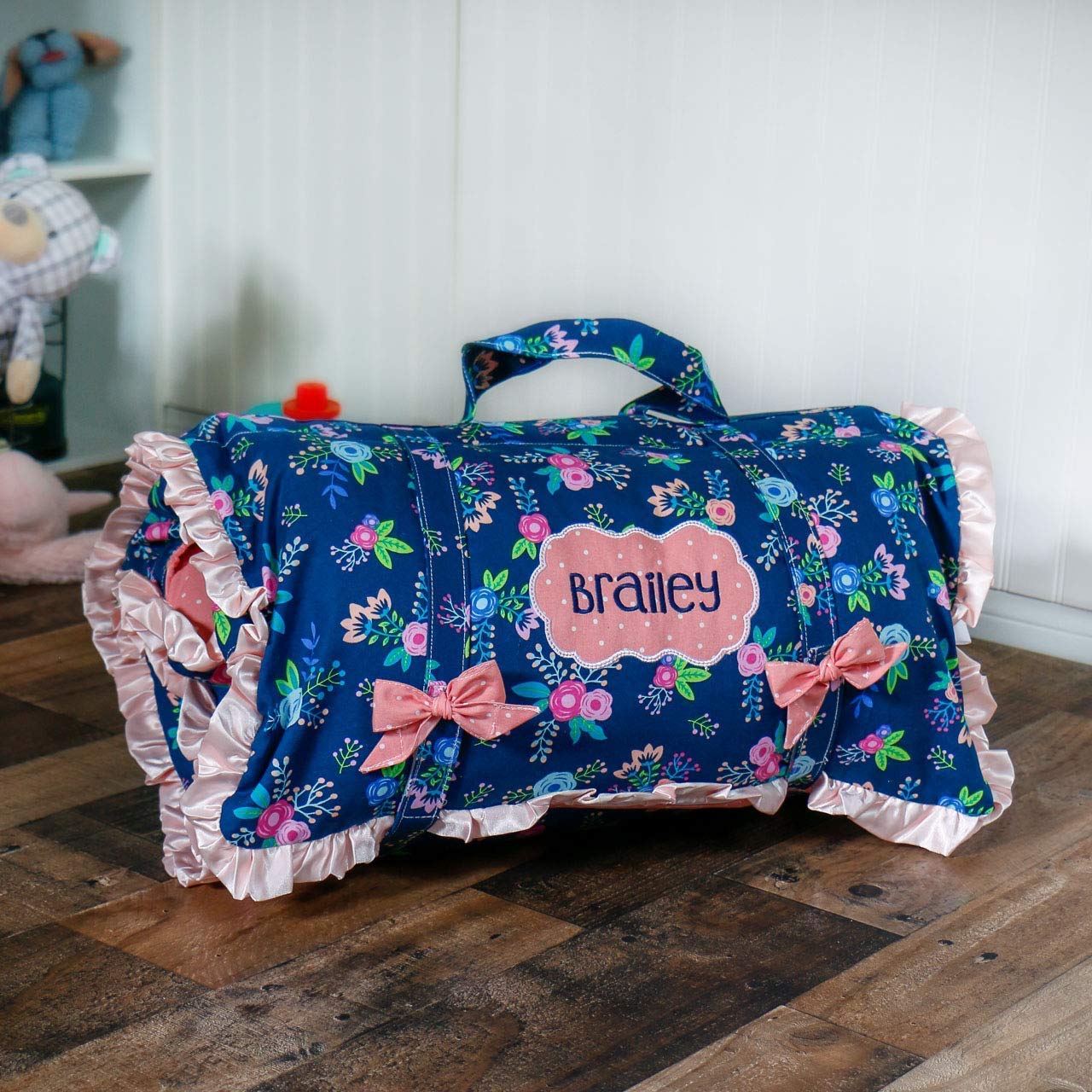 Floral Navy Roll Up Nap Mat for Toddler Girl with pillow