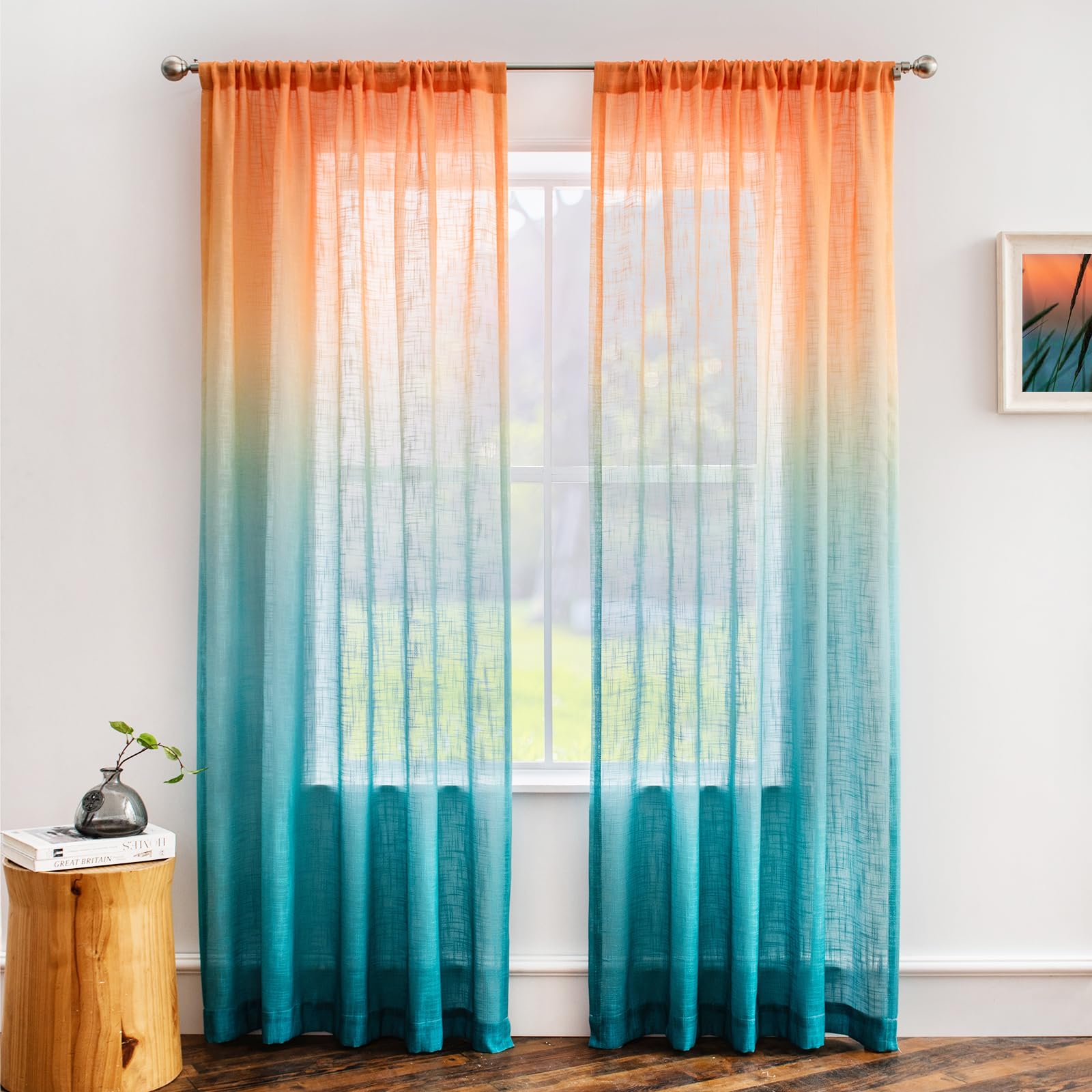 Melodieux Linen Textured Ombre Semi Sheer Curtains for Bedroom Living Room Kids Nursery Sunset Rod Pocket Gradient Drapes, Orange Green Teal Turquoise Mint, 52 x 63 Inch (2 Panels)