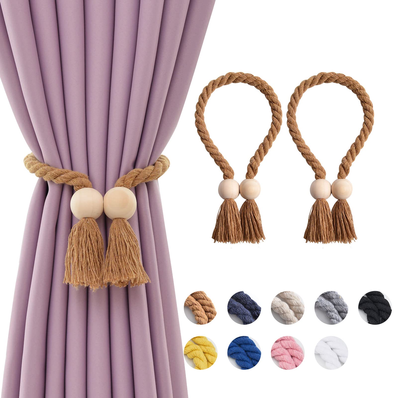 Pretty Jolly 2 Pack Wooden Ball Magnetic Curtain Tiebacks Boho Home Decor Drape Tie Backs Natural Cotton Hand Woven Rope Curtain Holdbacks for Home & Office Window Draperies (Light Coffee)