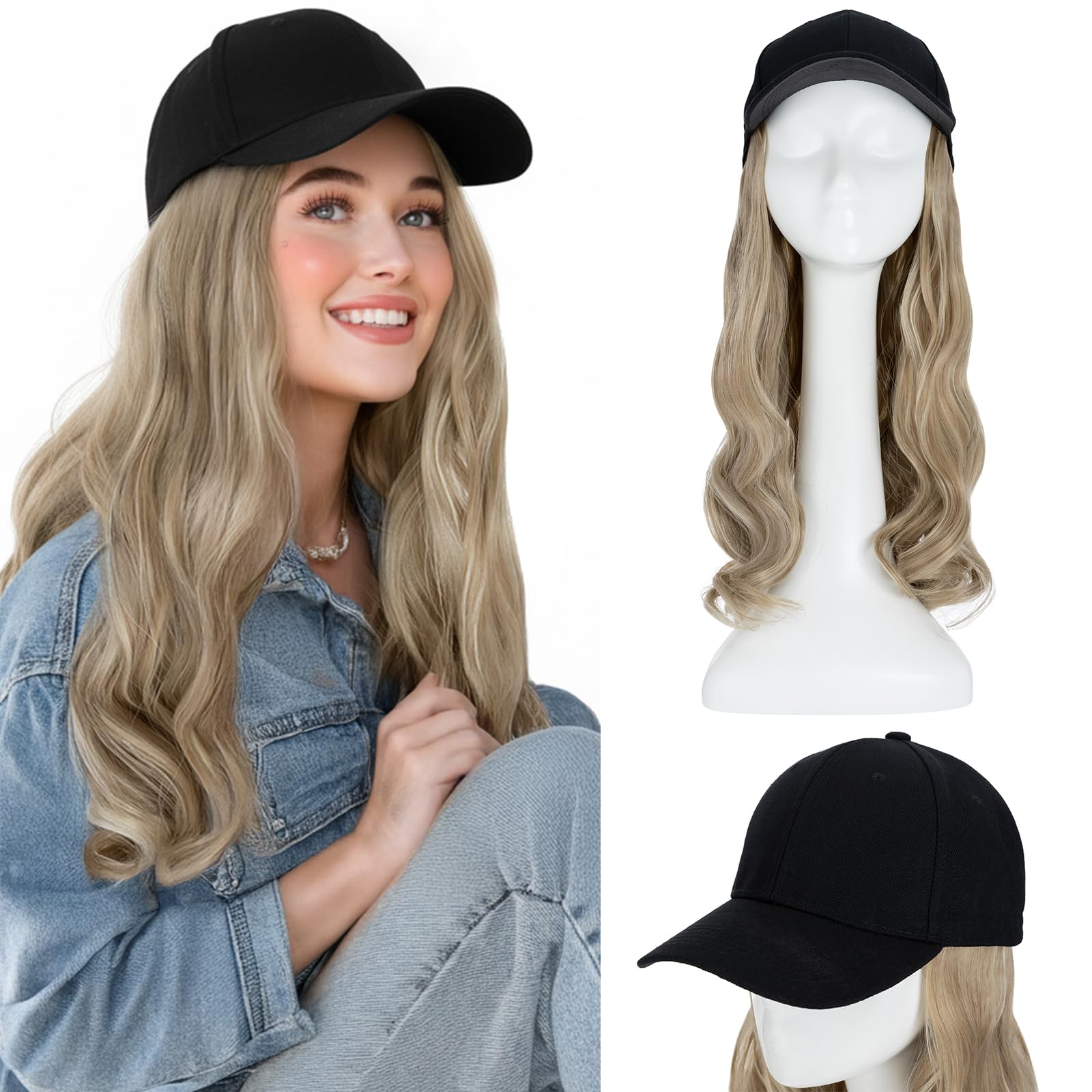 16 Inch Baseball Cap With Hair Extensions Synthetic Hair With Corn Wave Hair Attached Black Hat (16", Honey Brown & Bleach Blond)