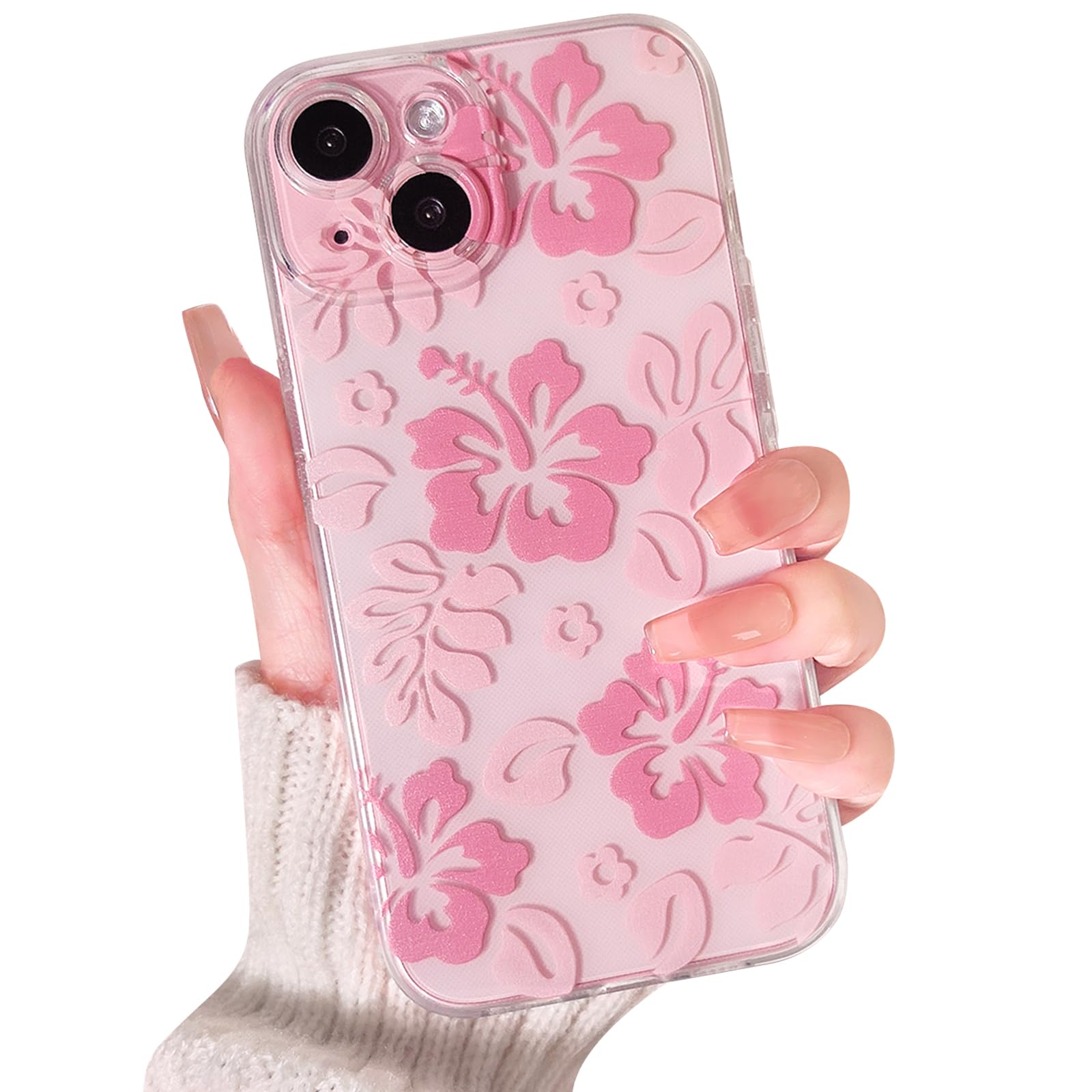 Photo 1 of Lovmooful Compatible for iPhone 15 Case Cute Clear Hibiscus Flower Floral Aesthetic Printed Design for Girls Women Soft TPU Shockproof Protective Girly for iPhone 15-Pink