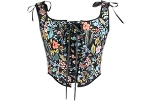 Bowanadacles Women Vintage Floral Camisole Flower Embroidery Pattern Tight Vest Drawstring Tie-up Tank Top Suspender Corset