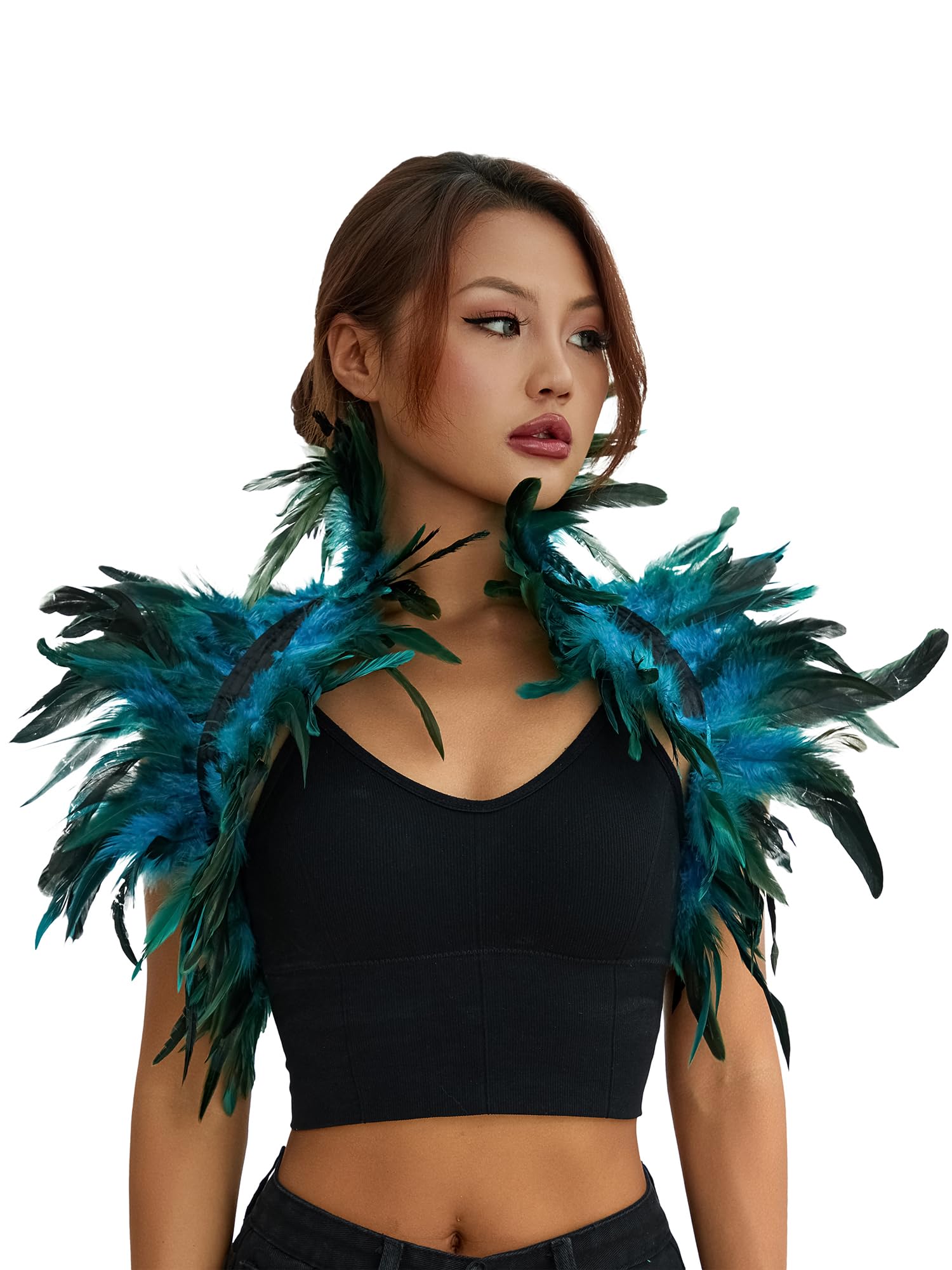 SANSIWU Women Natural Feather Cape Maleficent Costume Gothic Lacing Shawl Shrug Collar Feather Cloak for Halloween Cosplay Party (A-Lake Blue, One Size)