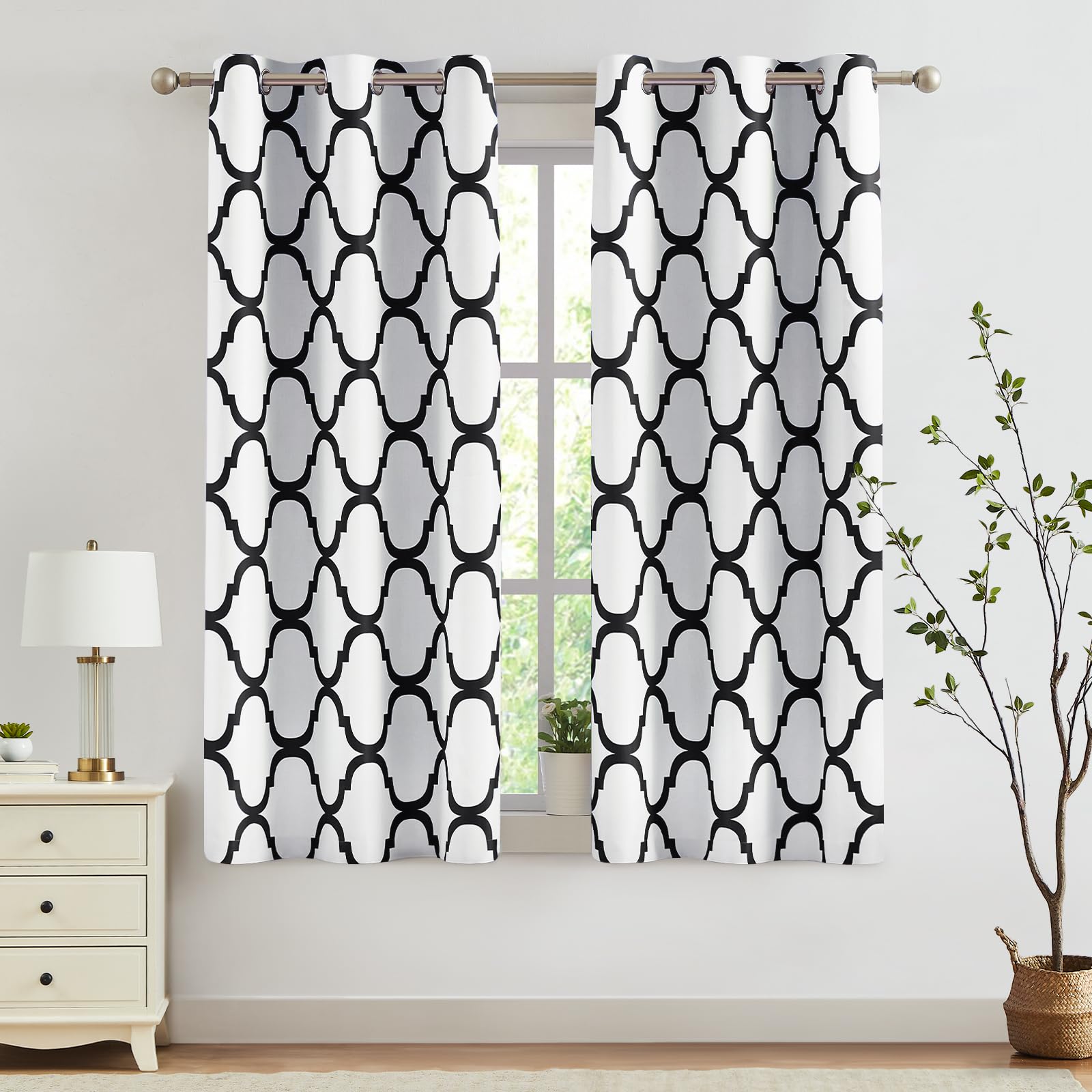 Melodieux Moroccan Printed Room Darkening Blackout Grommet Curtains for Bedroom Small Windows, 42 by 45 Inch, Off White/Black (2 Panels)