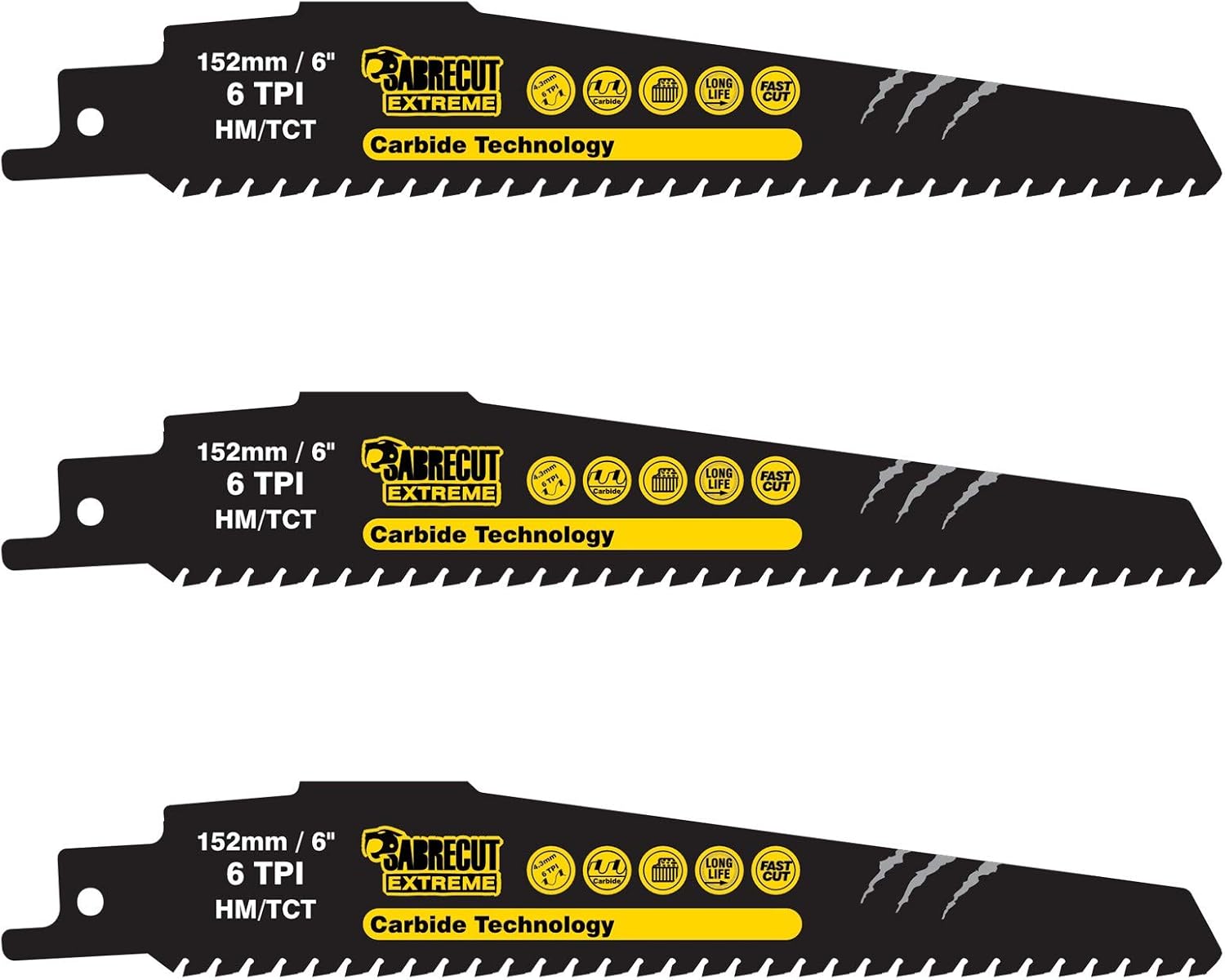 3 x SabreCut SCRS940HM_3 Tungsten Carbide 152mm 6 TPI S940HM Aerated Concrete Brick Plastic and Metal Straight Cutting Reciprocating Sabre Saw Blades