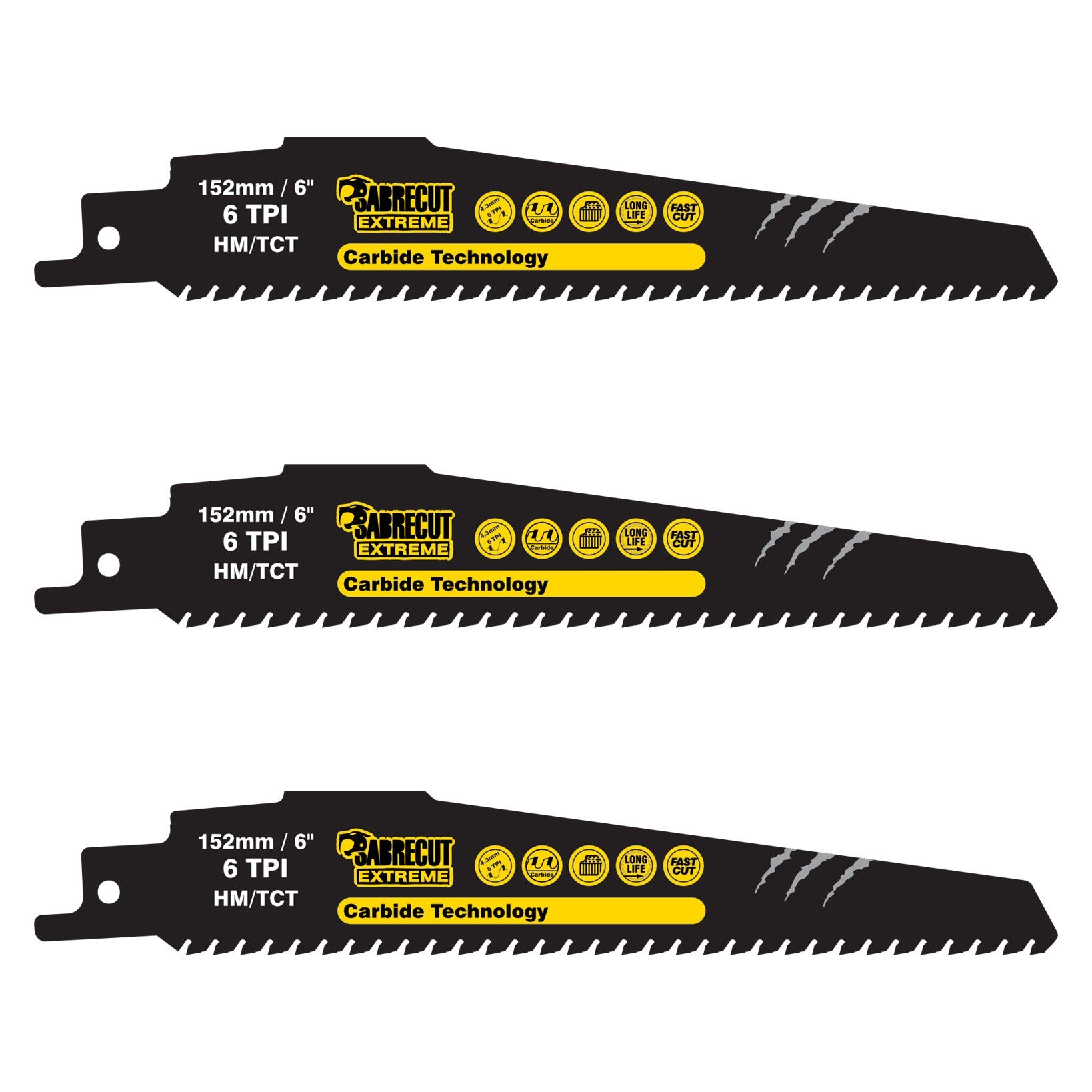 3 x SabreCut SCRS940HM_3 Tungsten Carbide 152mm 6 TPI S940HM Aerated Concrete Brick Plastic and Metal Straight Cutting Reciprocating Sabre Saw Blades