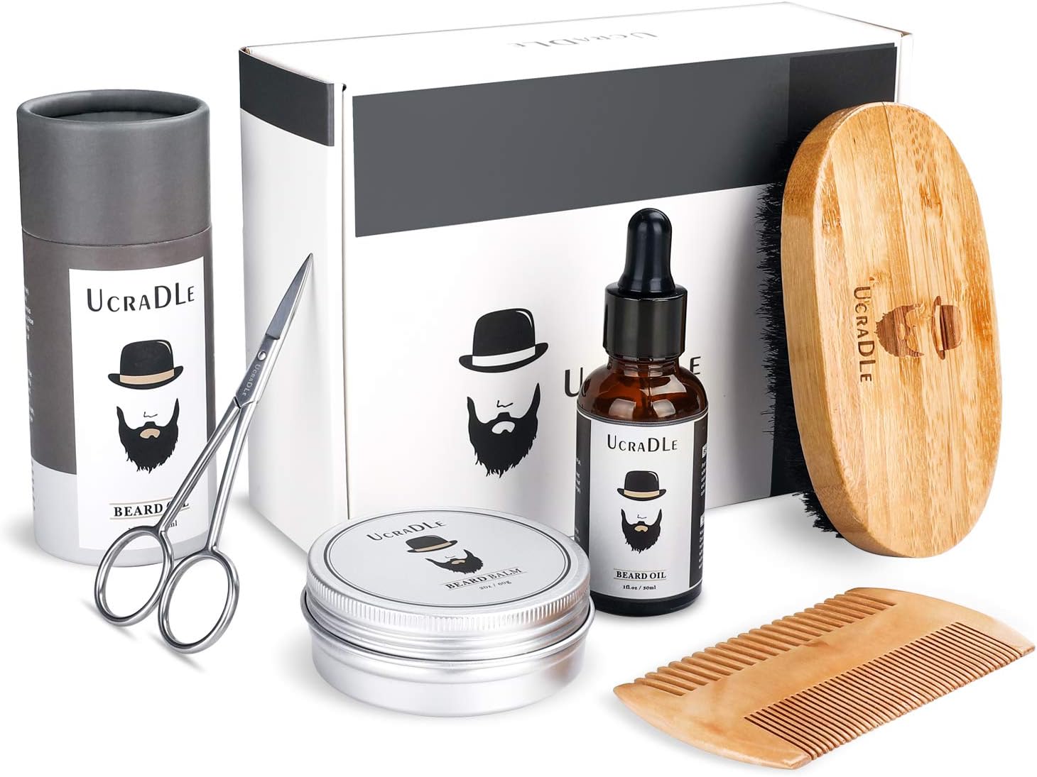 Beard Grooming Kit Mens Gifts Set - Unscented Beard Oil + Beard Balm Wax + Beard Care Brush + Beard Comb + Beard Scissors - Perfect Gift Kit