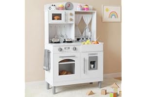 INFANS Kids Kitchen, Wooden Pretend Playset with Adjustable Heights Realistic Sounds Ice Maker Microwave Oven, Toddler Cookin