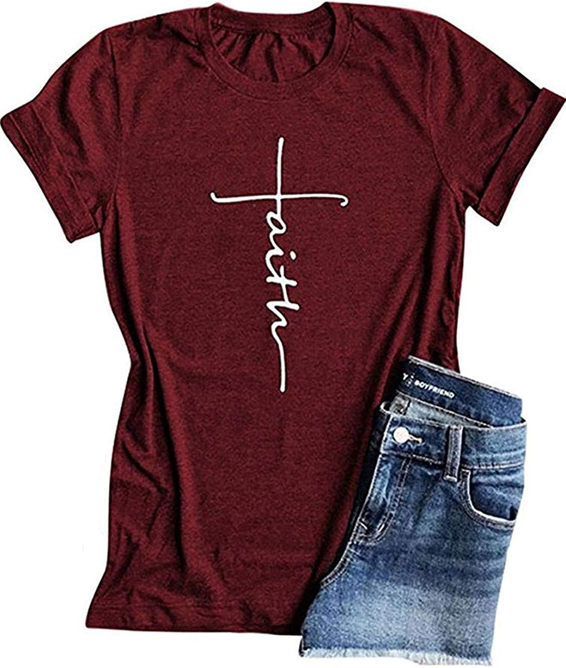 Hoyod Women Faith Printed T-Shirt Short Sleeve Letter Print Graphic Tees Christian Shirts