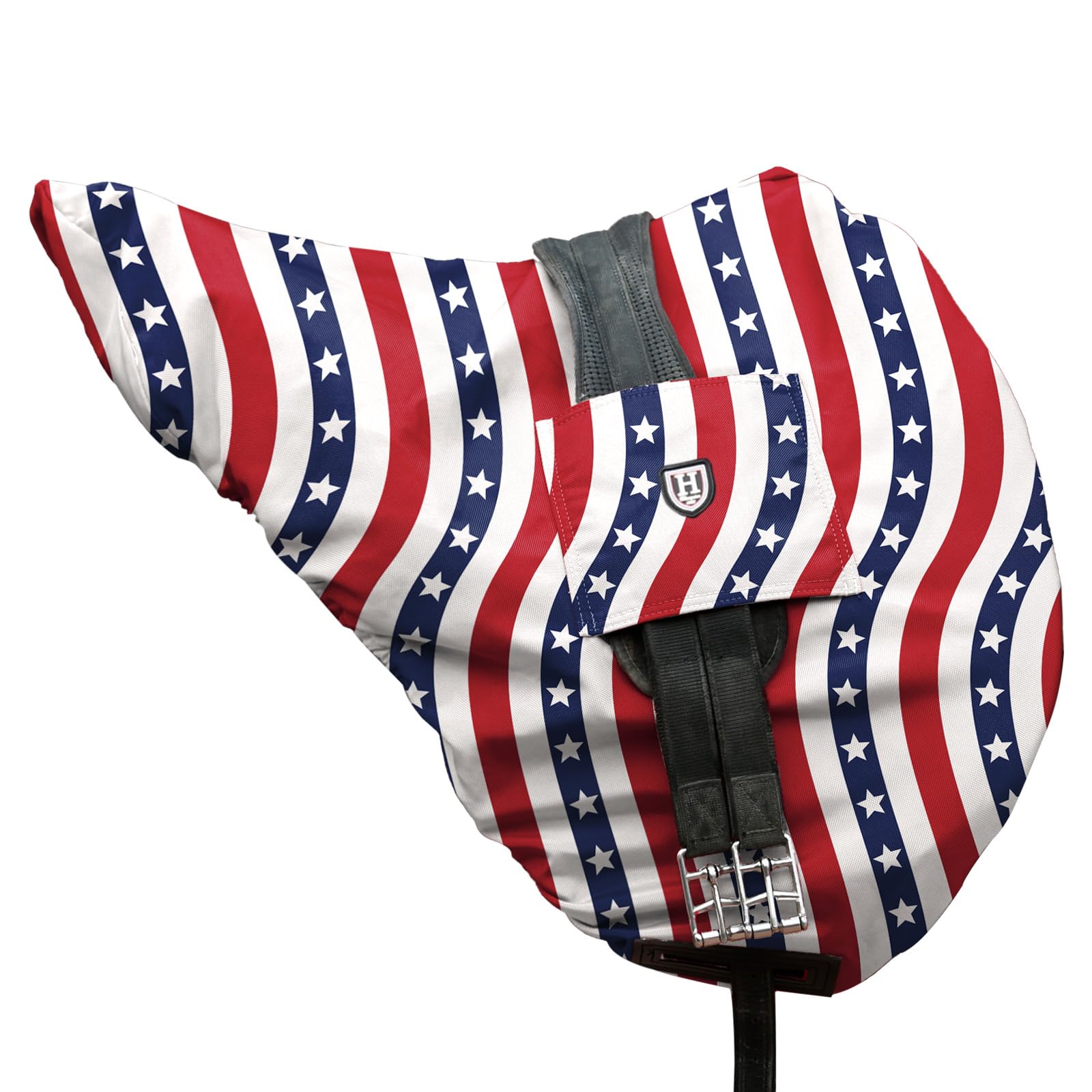 Harrison Howard Premium Waterproof/Breathable Long-lasting Outer Solid Protection Fleece-Lined Saddle Cover for Dressage-Starry Stripes