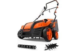 Aspiron Electric Dethatcher Scarifier, 16-Inch 15 Amp Lawn Dethatcher with 5-Position Depth Adjustment, 14.5 Gal Removable Thatch Collection Bag, Quick-Fold, Keeps Lawn Health, Orange