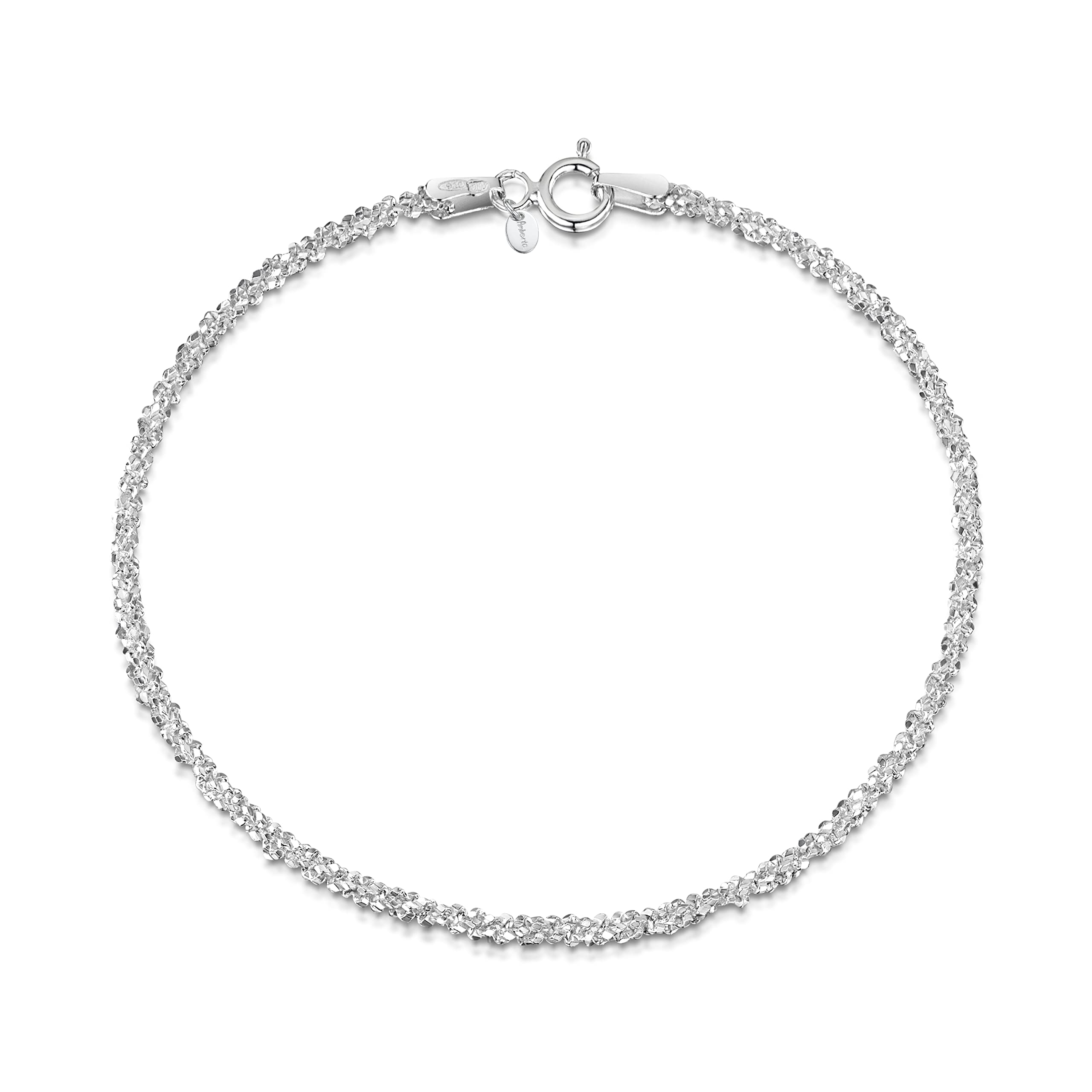 Amberta 925 Sterling Silver 2 mm Snow/Rock Chain Bracelet Length 7.5" inch / 19 cm (7.5)