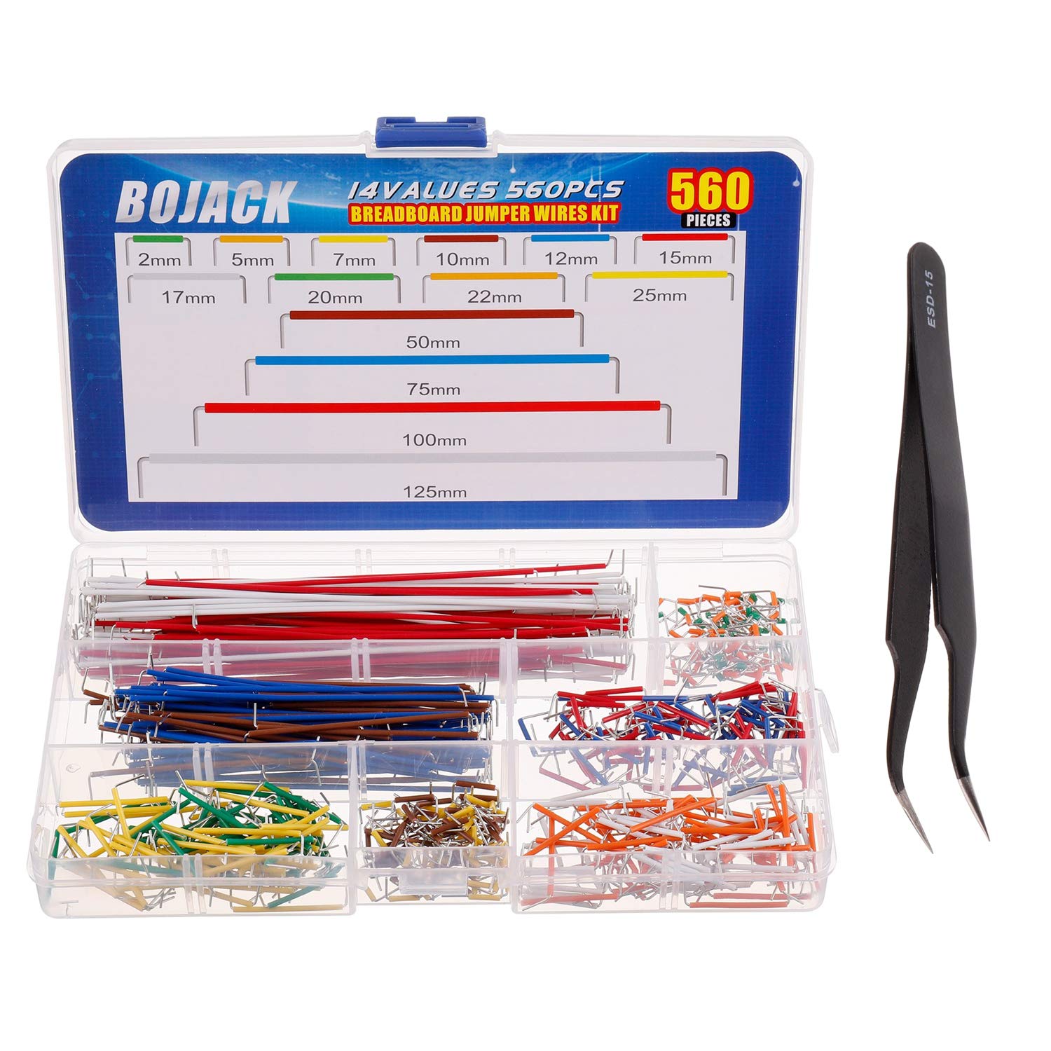 BOJACK 14 Vaules 560 pcs 2-125mm Solderless Flexible Breadboard Connecting Line Cables Breadboard Jumper Wires kit