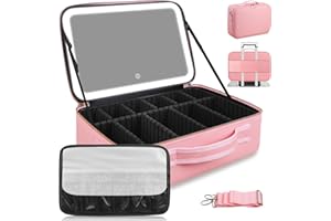 JJHXR 15''X11'' Large Capacity Makeup Bag with LED Mirror, Professional Makeup Case Organizer with 3 Color Light Adjustable Brightness, Travel Make up Cosmetic Case with Detachable Dividers & Shoulder Strap