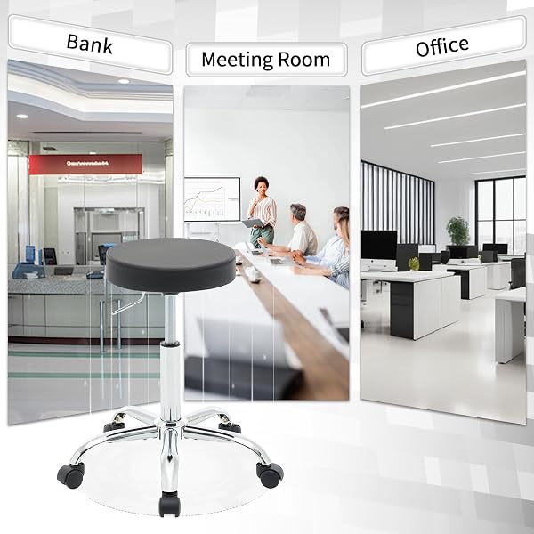 FIRAVOE ROLLING OFFICE STOOLS, ADJUSTABLE DRAFTING STOOL ON WHEELS 19.5″-26.6″, BLACK ERGONOMIC OFFICE CHAIR (BLACK)