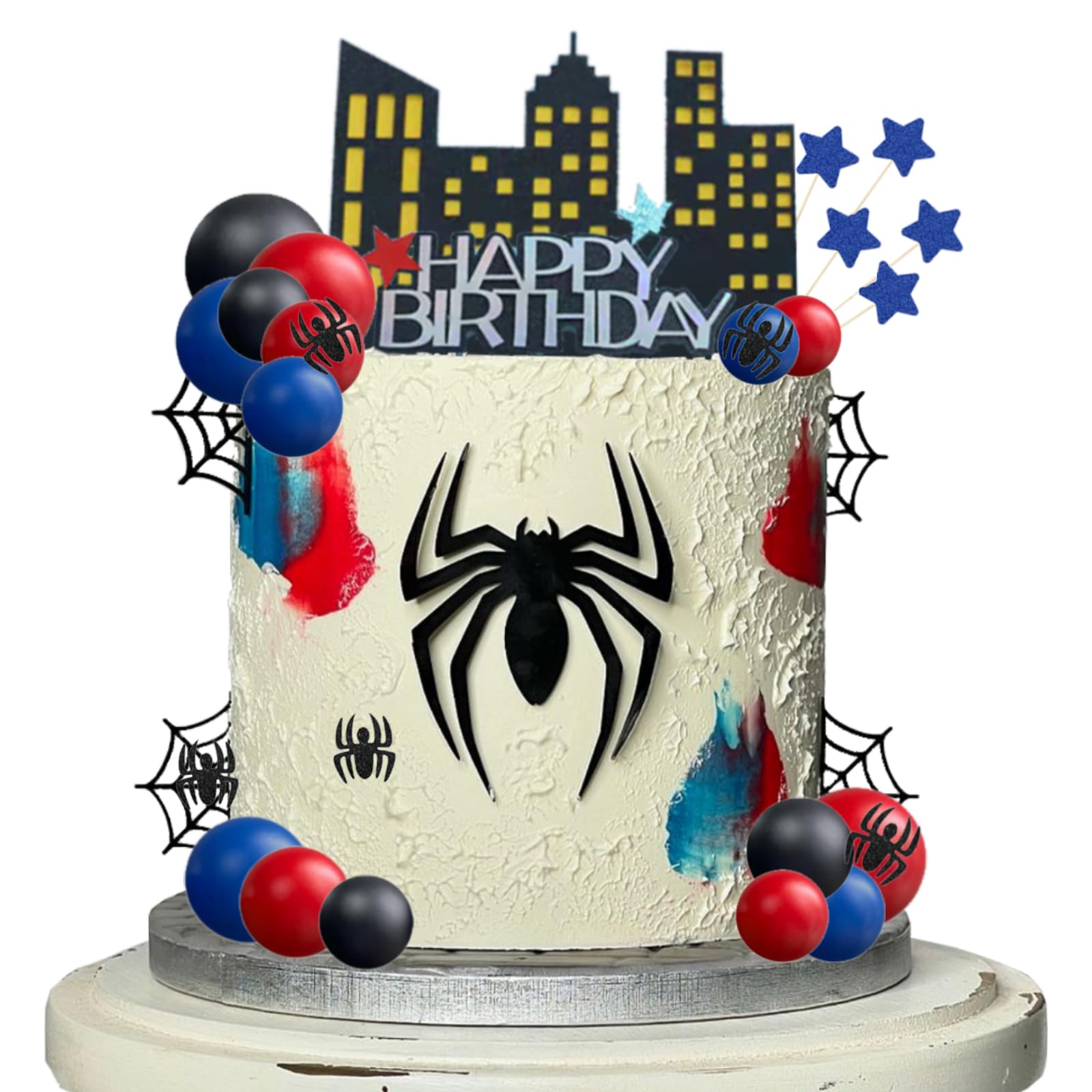 Photo 1 of YEAHBEAR Spider Cake Topper Balls Cake Decorations with Spider Web Red Blue Black Balls and Happy Birthday Topper for Boys Men Birthday Party Baby Shower Supplies