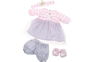 JC Toys | Berenguer Boutique | Baby Doll Outfit | Pink Striped Dress with Tulle Skirt, Shorts, Headband, and Booties, Fits Dolls 14"- 16"