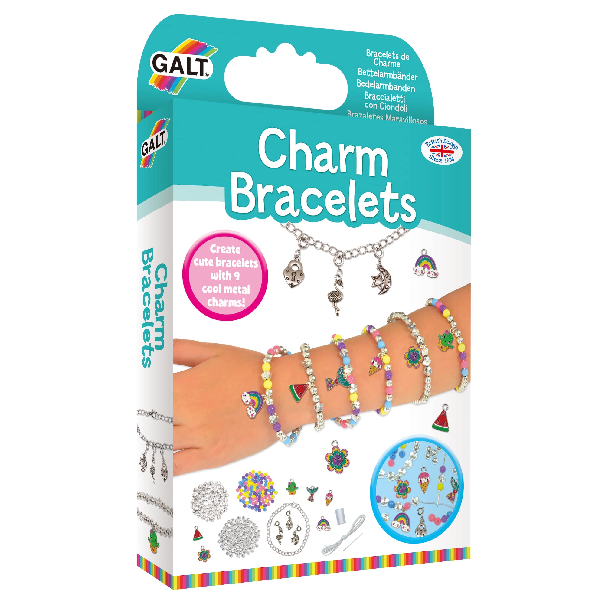 Galt Charm Bracelets - Fun Bracelet and Jewellery Making Kit - Craft Kit for Kids with Colourful Beads and 9 Clip-On Metal Charms - Childrens Arts and Crafts Set Makes 7 Bracelets - Ages 8 Years Plus