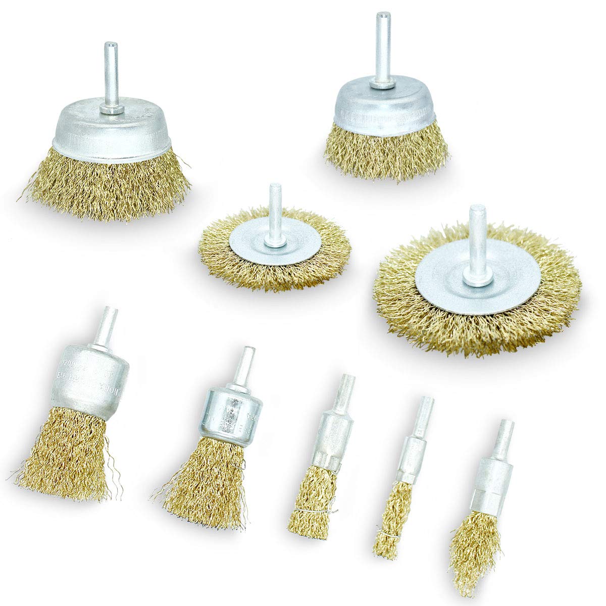 LESNIC Wire Brushes Set, Brass Coated Wheel & Cup Brushes 1/4 in Shank, Sanding Brushes for Various Drills Perfect for Removal of Rust, Corrosion, Paint for Power, Garden & Hand Tools (9 Pack)