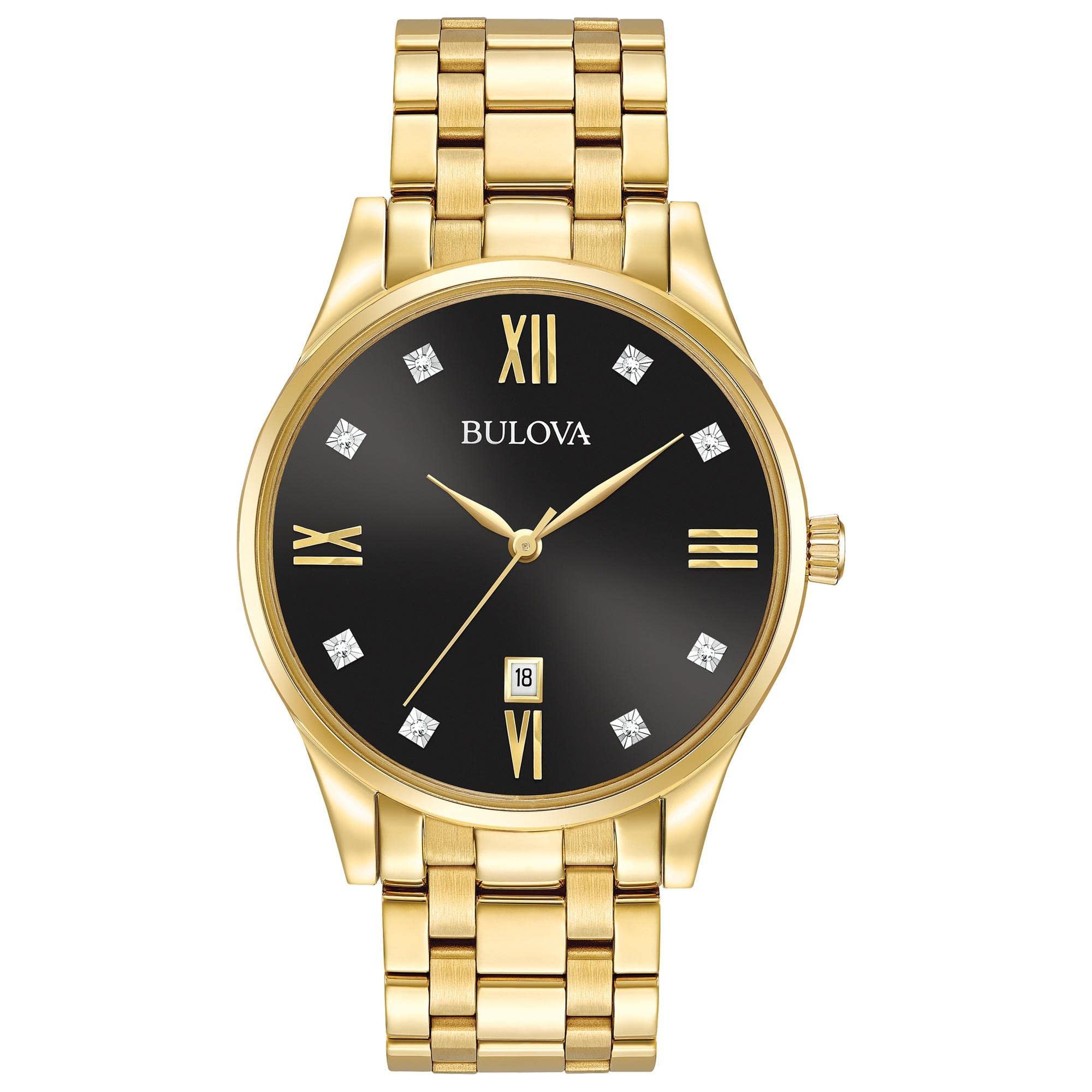 Bulova Reloj clásico de cuarzo para hombre de acero inoxidable en tono dorado con 3 manecillas y fecha y esfera de diamantes negros Estilo: 97D108
