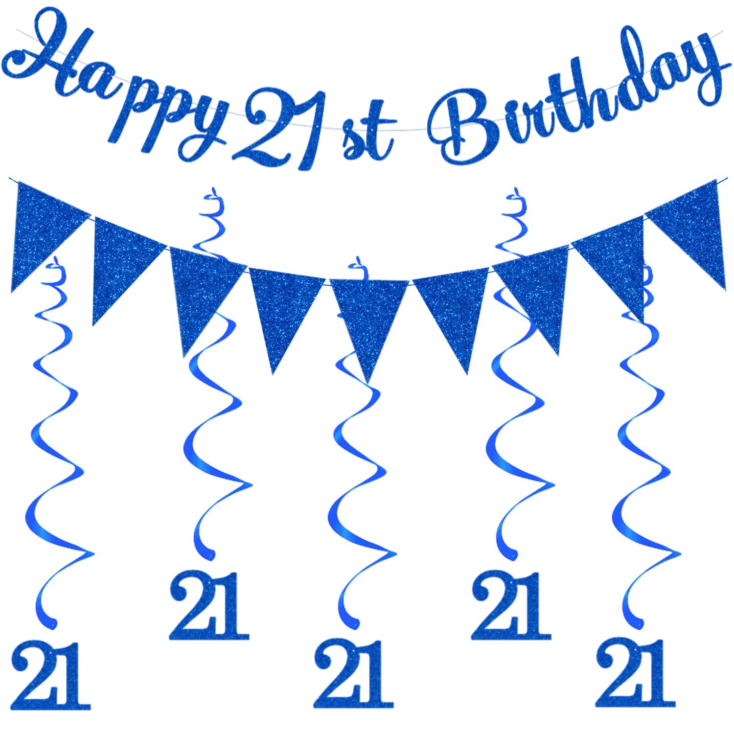 21st Birthday Blue Decorations - Happy 21st Birthday Banner With Swirls Streamers for Boys Men Adults
