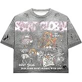 GORGLITTER Men's Letter Graphic Washed Tops Ripped Tees Short Sleeve Crewneck Street T-Shirts