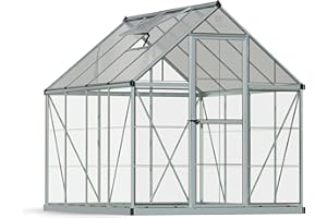Palram - Canopia 6x8 Greenhouse for Outdoors, Walk-In, UV Polycarbonate Panels, Heavy Duty Aluminum Frame, Lockable Door, Adjustable Roof Vent, Rain Gutters, Plant Hangers, Hybrid (Silver)