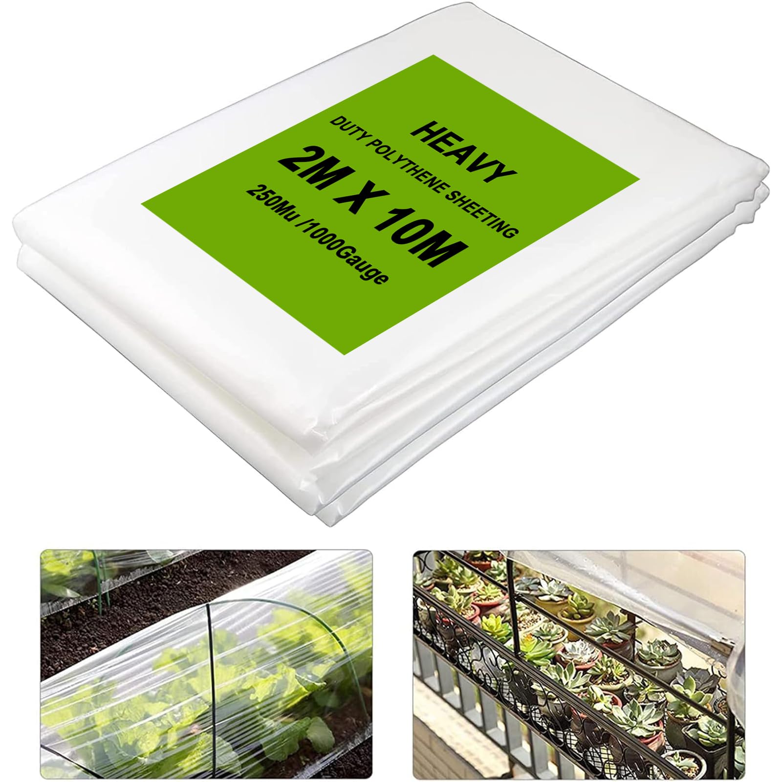 CYH Thick Duty Polythene Sheeting, 2M X 10M Heavy Dust Waterproof Sheets, Tear Resistance Greenhouse Film for Gardening (250Mu /1000G)