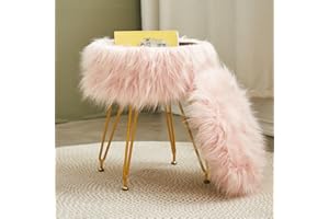 ALEESING Alessing Vanity Stool Chair,Ottoman Round Furry Make Up Stool with Storage,Fuzzy Footrest Footstools with 4 Metal Legs & Adjustable Footings for Living Room Bedroom Entryway-Pink