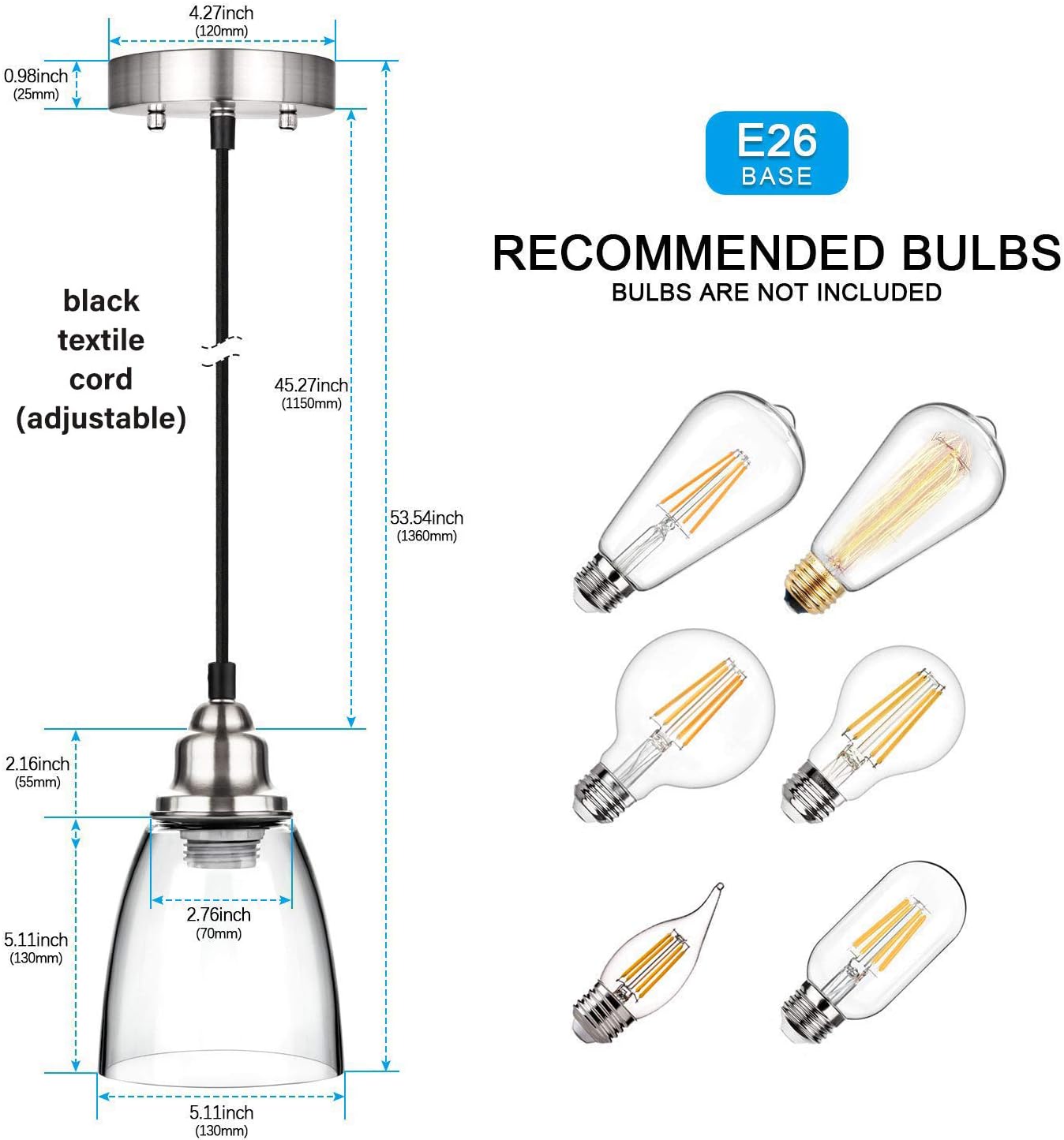 Industrial Mini Pendant Lighting, Clear Glass Shade Hanging Light Fixture, Brushed Nickel, Adjustable Vintage Edison Farmhouse Lamp for Kitchen Island, Restaurants, Hotels and Shops, 3-Pack - - 
