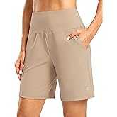 Women's Athletic Shorts with Zipper Pocket 7" High Waisted Stretchy Bermuda Shorts for Women Workout Running Casual