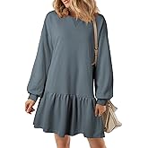 BLENCOT Womens 2025 Fall Long Sleeve Pullover Tops Crewneck Rib Knit Patchwork Sweatshirt Dress Casual Mini Dresses
