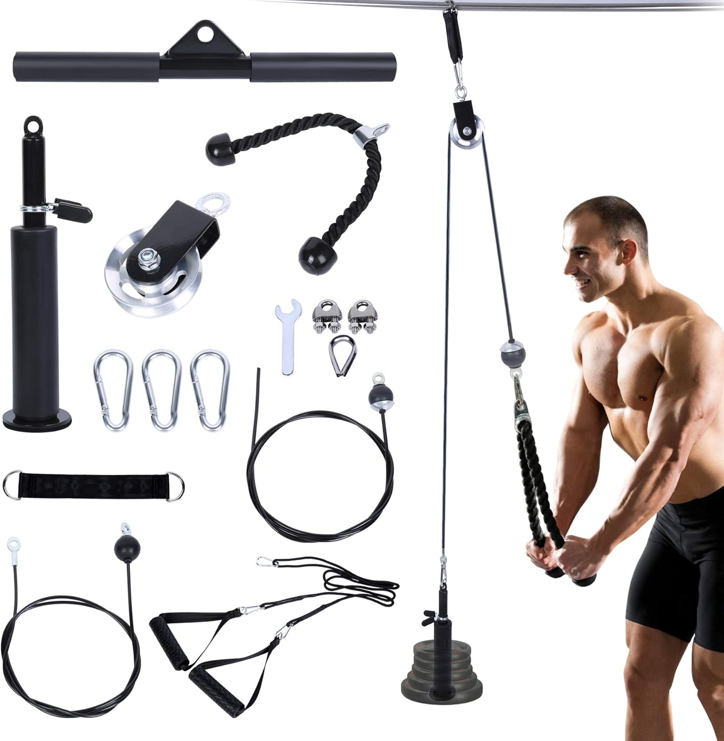TIXTEM LAT Pull Down Machine Attachment Cable Pulley System Gym Tricep Rope Bar Workout,Biceps,Arm,Shoulders Exercise for Home Strength Training Fitness Equipment (3 Handles Pulley System): Sports & Outdoors