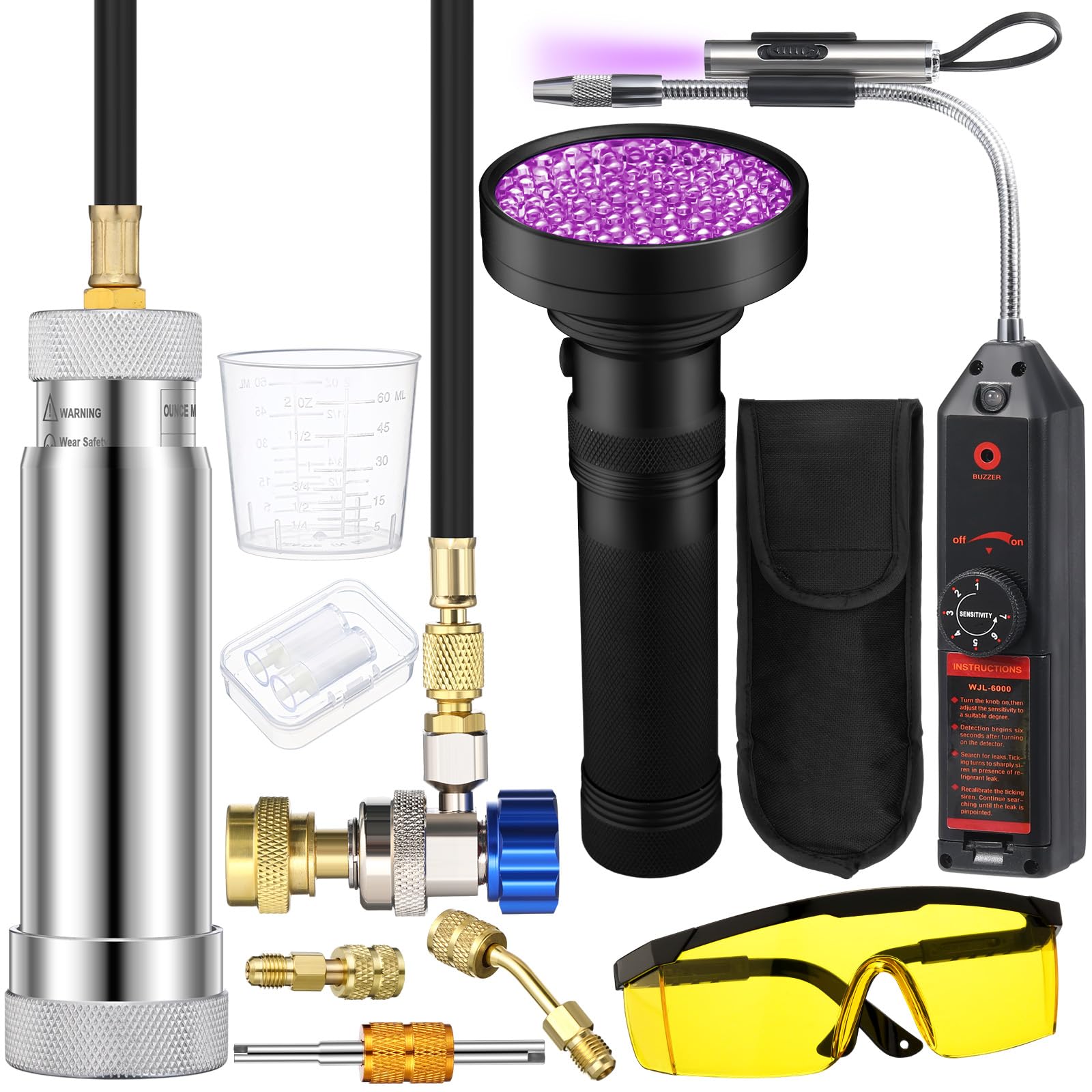 Photo 1 of ***MISSING ASSEMBLY PIECES*** Tellegloww AC Leak Detector Kit, R1234yf R134a R410a AC Oil UV Dye Injector Kit Refrigerant Leak Detector Tool Low Side Quick Coupler Mini Split Adapter Glasses Flashlight(Practical)