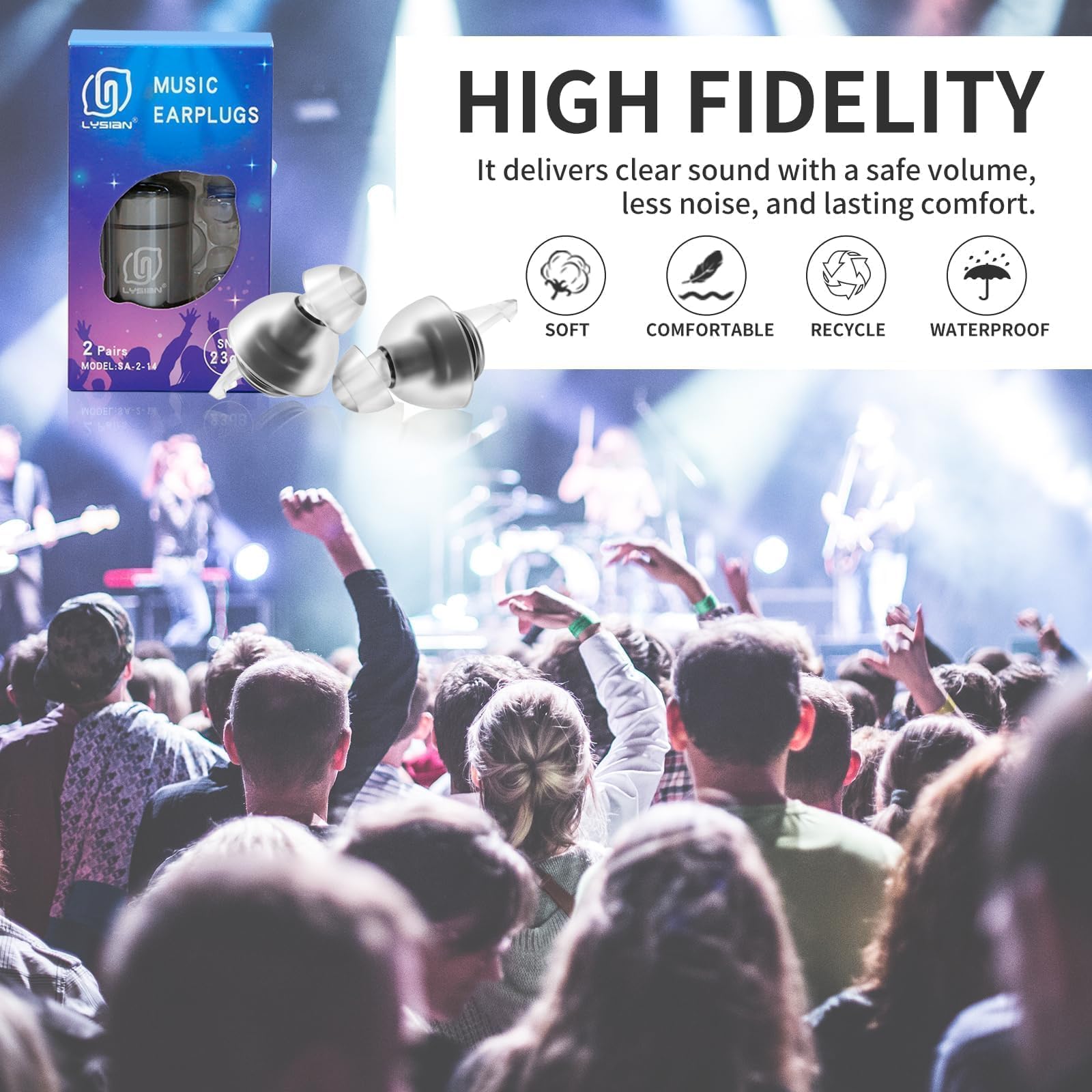 LYSIAN High Fidelity Concert Ear Plugs for Music- 2 Pairs Reusable Musicians Earplugs for Noise Cancelling, Concert Festivals, Drummers, DJS, Raves, Games -23dB