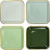 AimFun 24Pcs Sage Green Square Party Plates Gradient 7 Inch Paper Plates with Gold Edge 4 Colors Disposable Dessert Plate for St Patrick Day Bridal Baby Shower Birthday Party Supplies