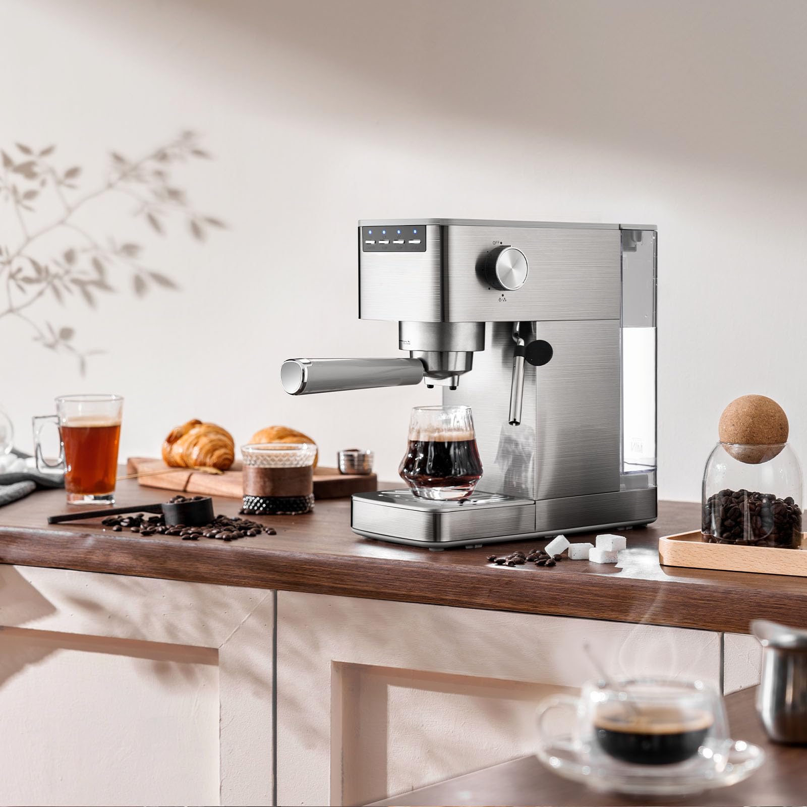 Espresso Machine with Milk Frother, Stainless Steel Espresso Maker, Cappuccino Latte Machine with 41oz Removable Water Tank, Cup Warmer, Easy to Clean Coffee Machine for Home Apartment