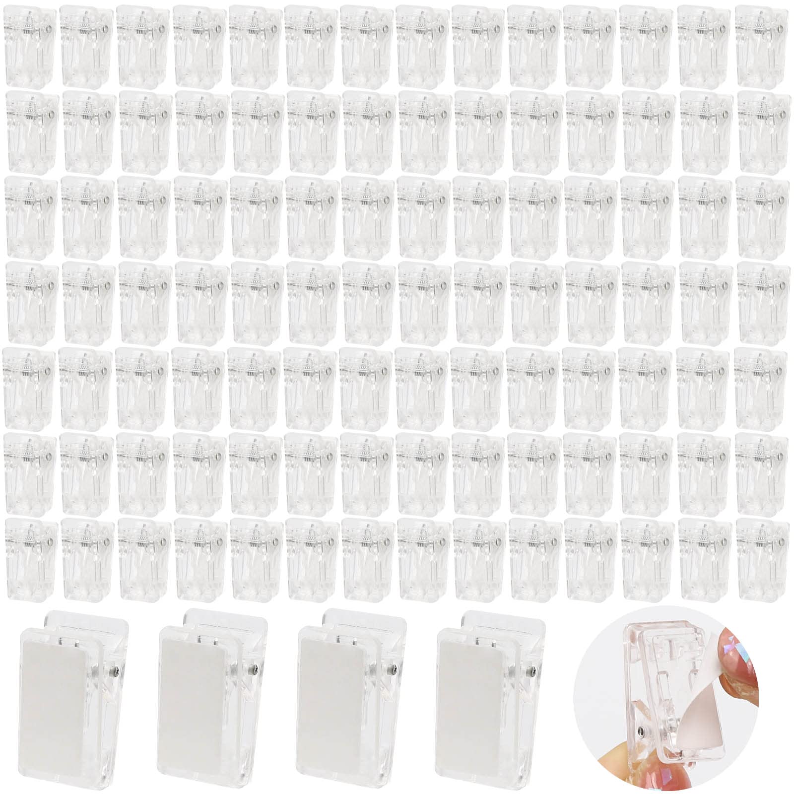 Photo 1 of 100 Pcs Self Adhesive Clips Wall Clips Tapestry Clips Plastic Sticky Photo Poster Clips Sticky Hanging Spring Clips for Home Office (Clear)