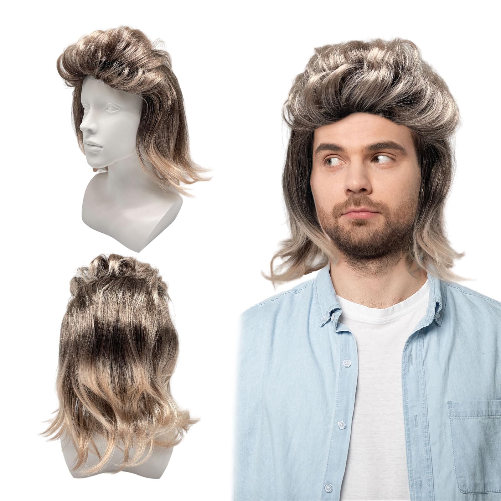 UILYNIU 70s 80s Halloween Costumes Rocking Dude Wig Hard Rocker Wig Mens Wigs Rock Star Wig Fancy Dress Pop Rock Wigs Punk Metal Rocker Disco Mullet Wig Black Curly Party Carnival (Black Brown)