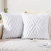 Pallene Spring Pure White Throw Pillow Covers 18x18 Set of 2, Soft Plush Faux Fur Decorative Couch Pillow Covers for Sofa Bed Living Room Pillow Cases with 3D Diamond Pattern