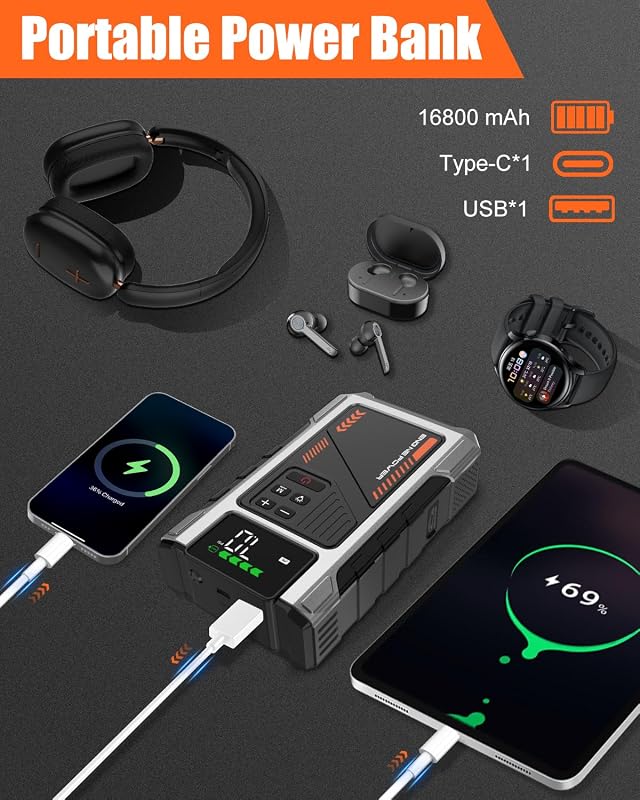 Booster Batterie Voiture avec Gonfleur Puissant 6000A Fonction de Gonflage des Pneus 150PSI Essence 10L Diesel 8.5L Température de décharge -20 ℃ à 70 ℃ (PD-JA2)