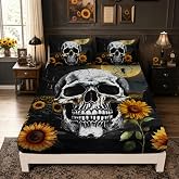 UEVBF Skull Queen Size Bedding for Room Decor,1 Fitted Sheet+2 Pillowcases. | Sunflower Floral Bat Print Fitted Sheets Twin Size for Kids Boys Girls,Dark Night Halloween Horror Bedding Set.
