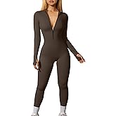 OQQ Women Yoga Jumpsuits Workout Ribbed Long Sleeve Zip Front Sport Jumpsuits