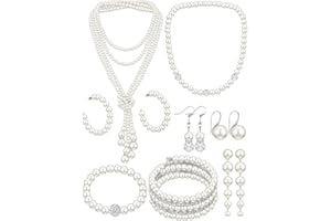 BBTO 8 Pcs Pearl Necklace and Earrings Set for Women Pearl Bracelets Costume Jewelry Set for Wedding Bridal Halloween Party